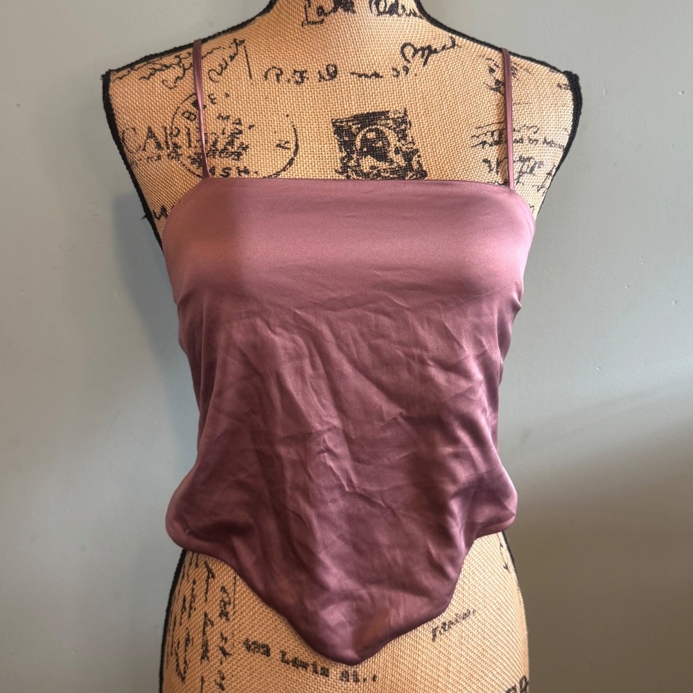 Crave Fame Womens Y2K Satin Smocked Scarf Hem Handkerchief Cami Top Pink Small